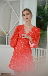 Red Daisy Print V-neck Long Sleeve Dress - By Quaint